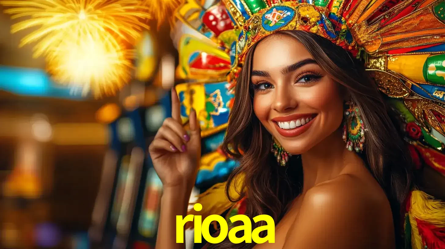 Mulher sorridente com um cocar de carnaval vibrante e colorido, celebrando uma grande vitória nos jogos do cassino rioaa com fogos de artifício ao fundo.
