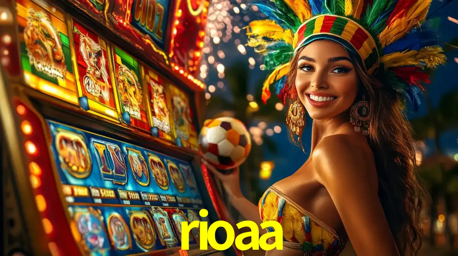 Mulher com um cocar de carnaval ao lado de uma máquina de caça-níqueis enquanto segura uma bola de futebol, mostrando a união da diversão de cassino e esportes no rioaa.