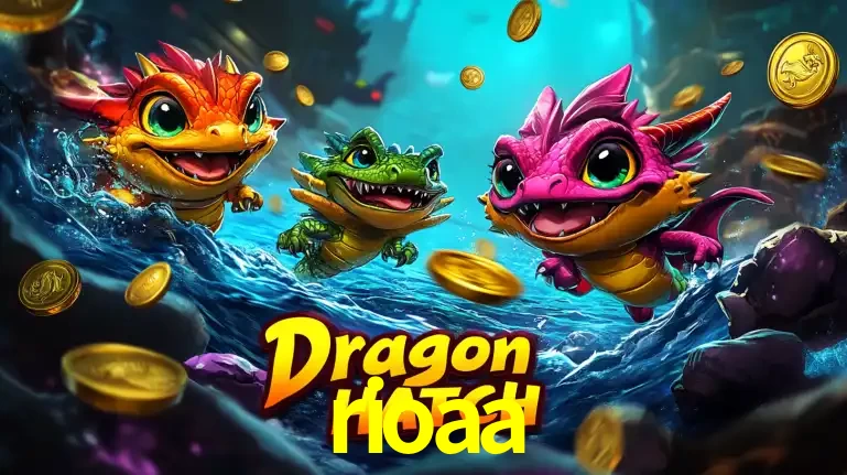 Arte promocional do jogo Dragon Hatch com três adoráveis dragões bebês nadando entre moedas de ouro, um dos slots mais divertidos para jogar no cassino rioaa.