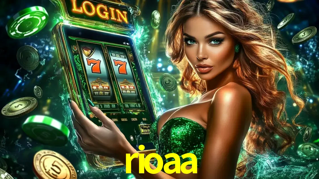 Mulher com tema verde apresentando o aplicativo do cassino rioaa com um jogo de slot de 777, cercada por fichas de cassino e uma aura de sorte.