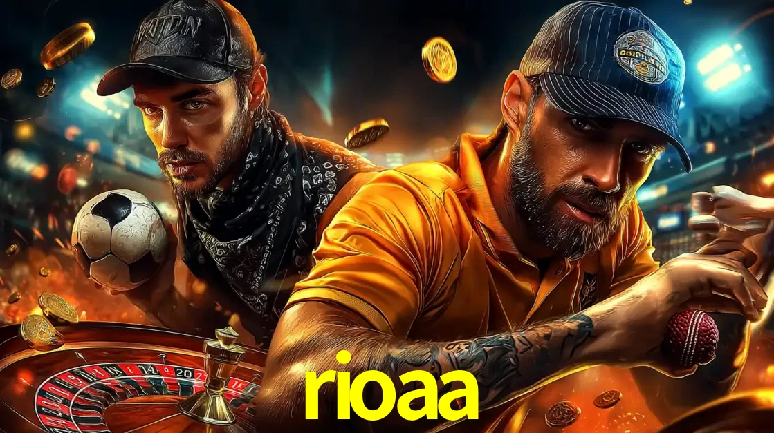 Montagem de apostas esportivas e cassino no rioaa, com um homem segurando uma bola de futebol e outro uma de beisebol sobre uma roleta e moedas voadoras.