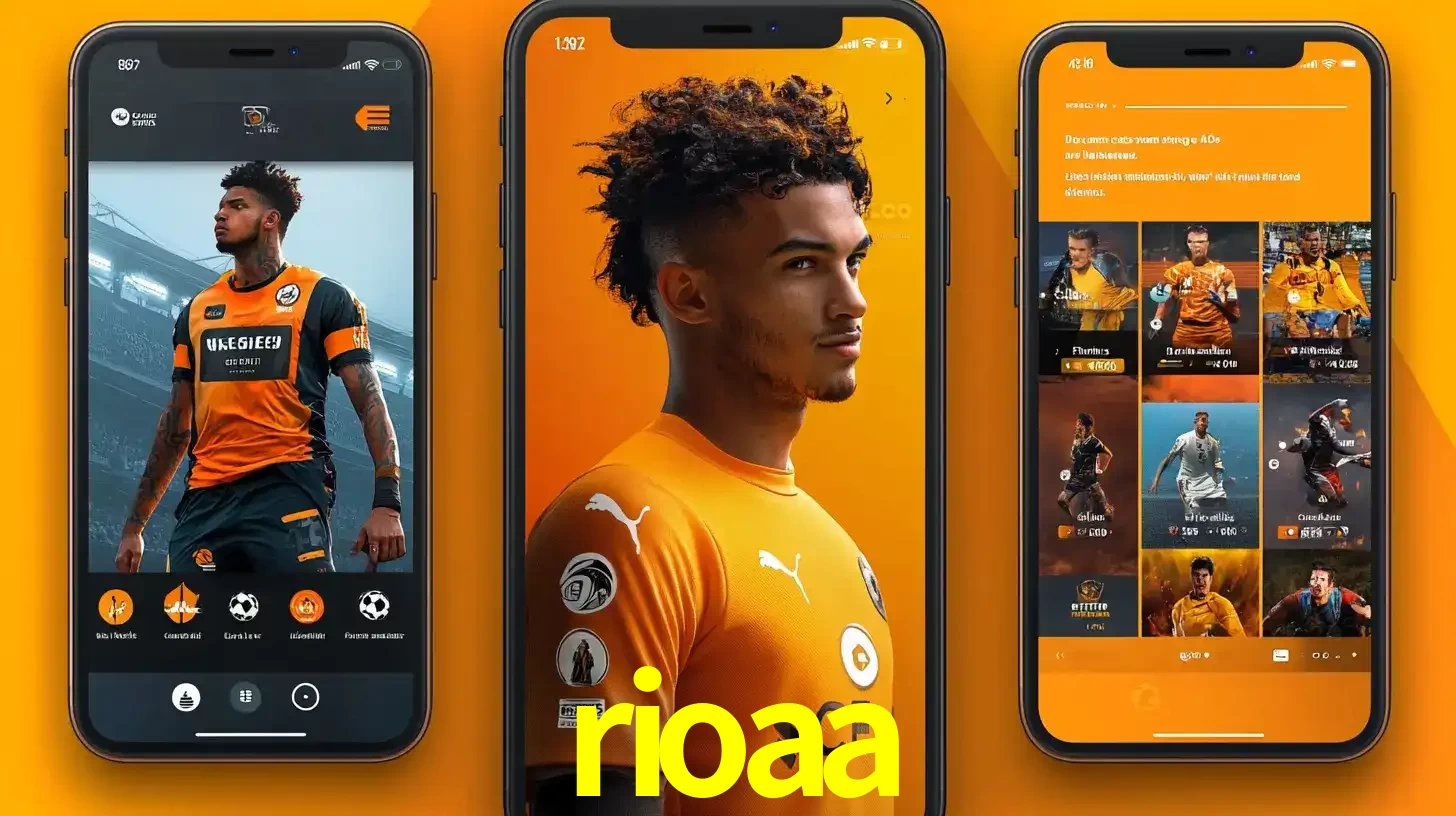 Interface do aplicativo de apostas esportivas rioaa em três telas de celular, mostrando o perfil de um jogador de futebol e a lista de jogos disponíveis para apostar.
