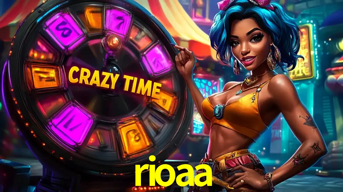 Mulher estilizada com cabelo azul e visual vibrante posando ao lado da roda de prêmios do game show Crazy Time, convidando para a diversão e os bônus do cassino rioaa.