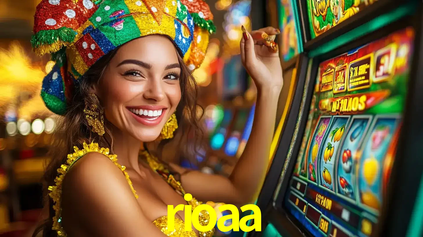 Mulher feliz com traje de carnaval amarelo e colorido ao lado de uma máquina de caça-níqueis, aproveitando a diversão e os jogos temáticos do cassino rioaa.