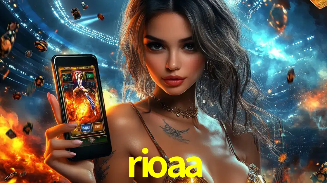 Mulher segurando um celular com um jogo de slot em destaque, tendo como fundo um estádio vibrante, simbolizando a emoção de jogar no cassino móvel rioaa.