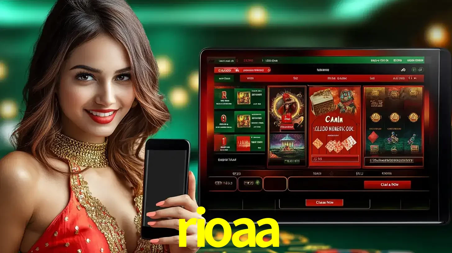 Mulher sorridente segurando um smartphone, ao lado de uma tela exibindo o lobby de jogos do cassino online rioaa, com várias opções de jogos de cartas e slots.